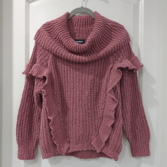 EXPRESS Nwt Cozy Chunky Knit Ruffle Sweater in Mauve Dusty Rose, Oversized, S - Picture 12 of 12